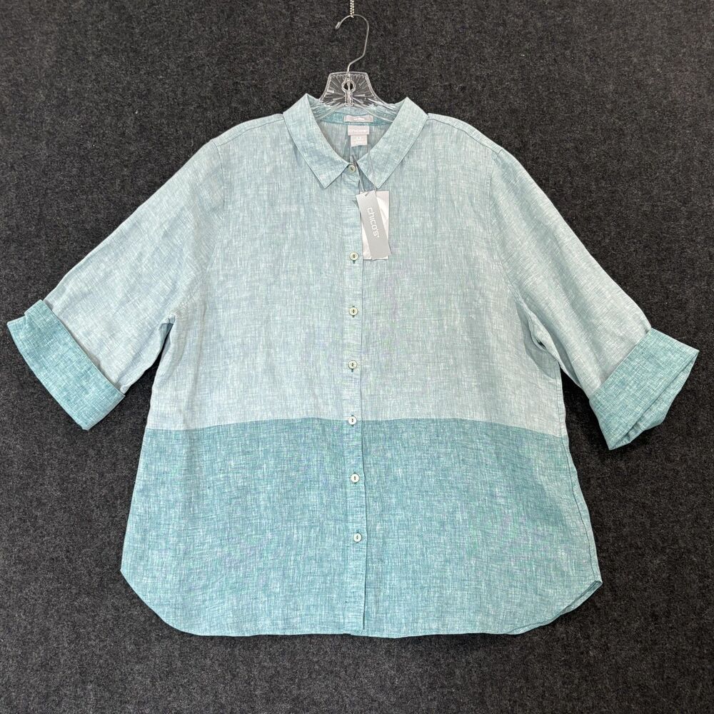 Chico's Two-Tone Light Mint and Teal Button-Front Blouse